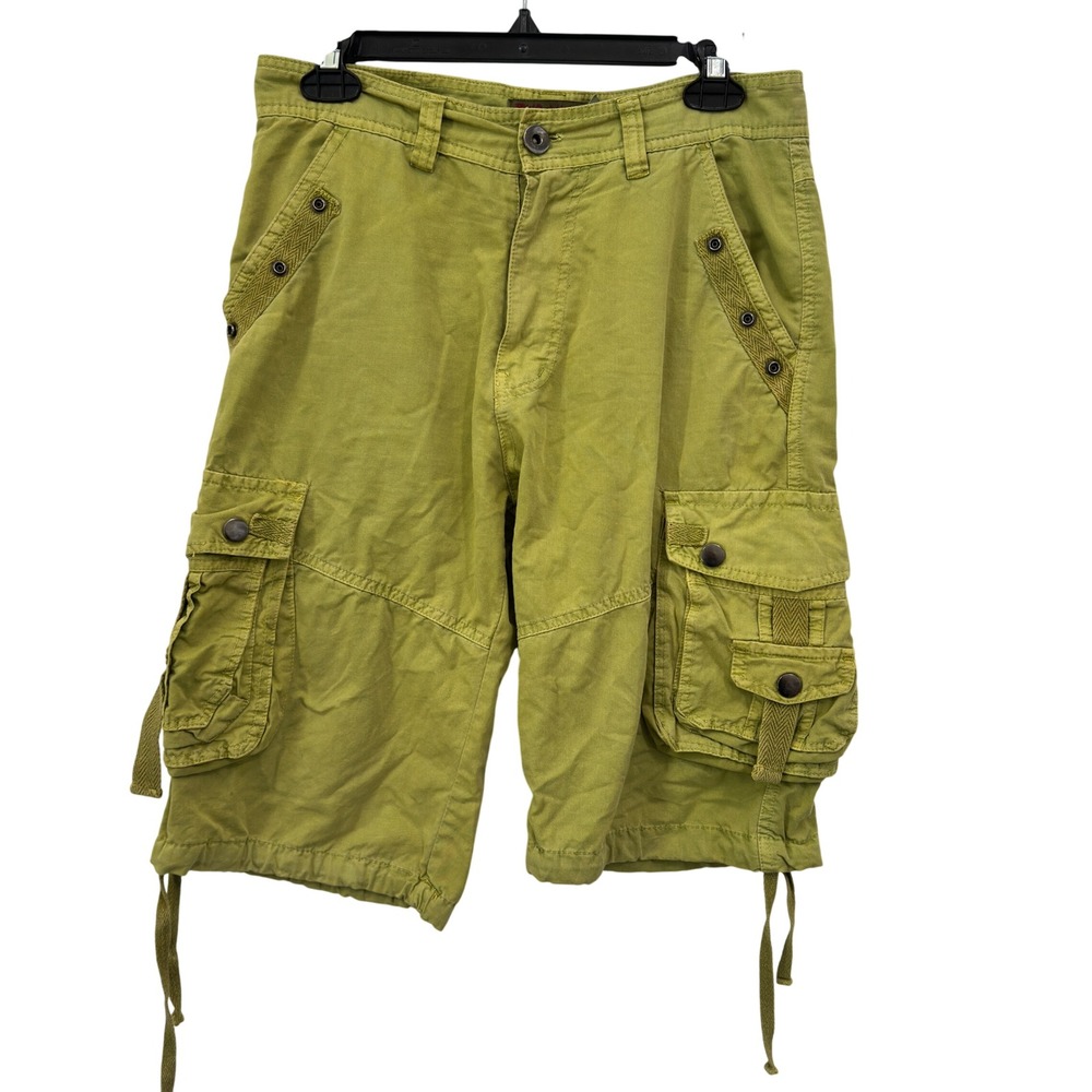 Y2K Chartreuse Green Cargo Shorts Baggy Utility Multi Pocket Mens Sz 30 Grunge